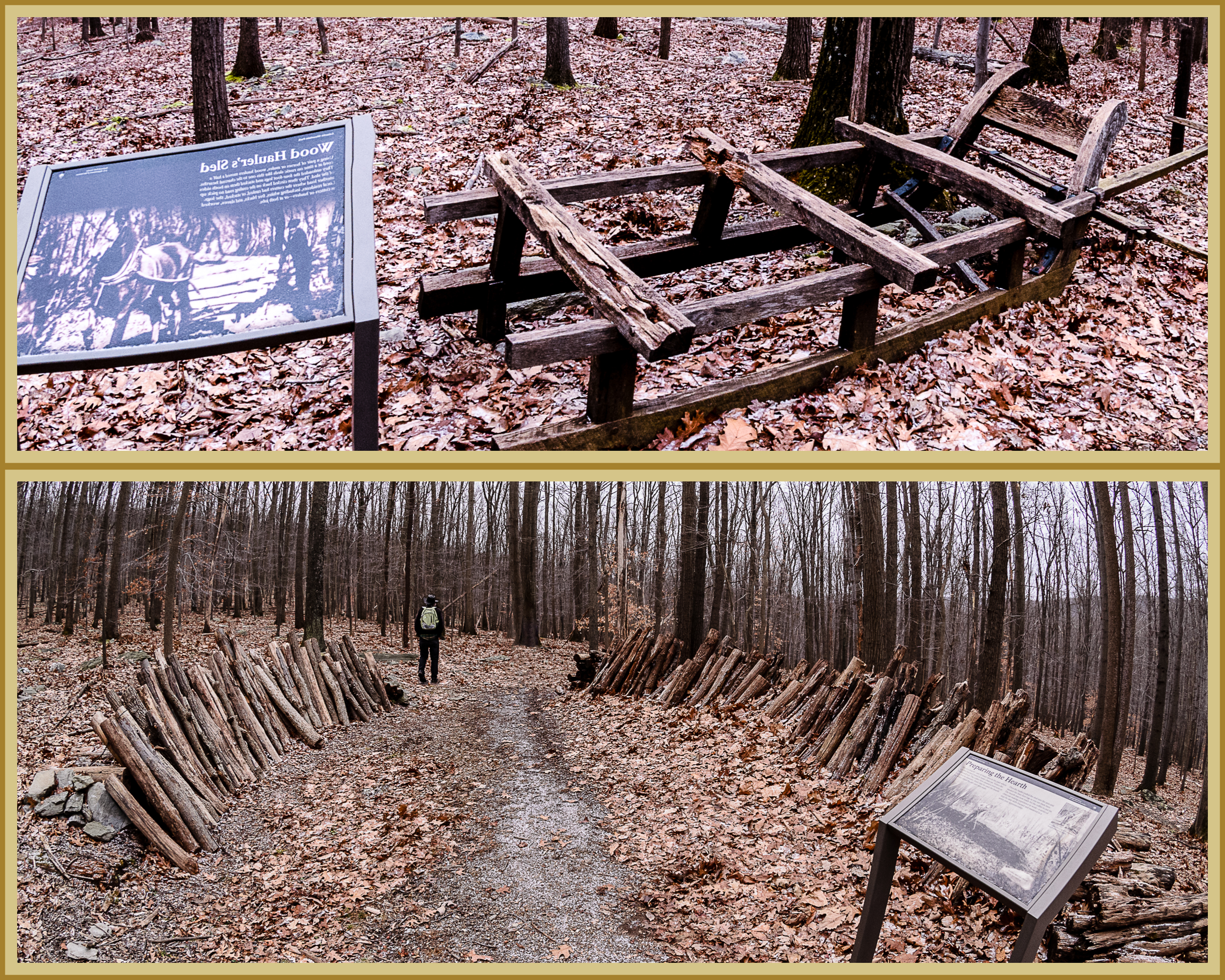 Two pictures -- above a sled for dragging lumber to the collier and below a collier has started making a charcoal making pile